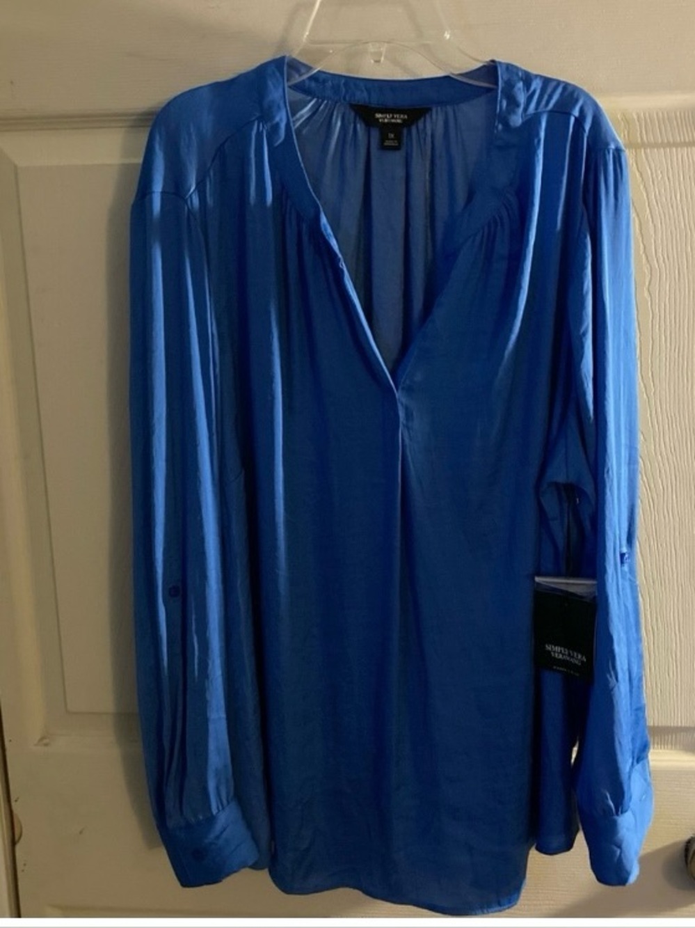 Simply Vera Vera Wang Blue Split V-Neck Long Sleeve Blouse Size 1X